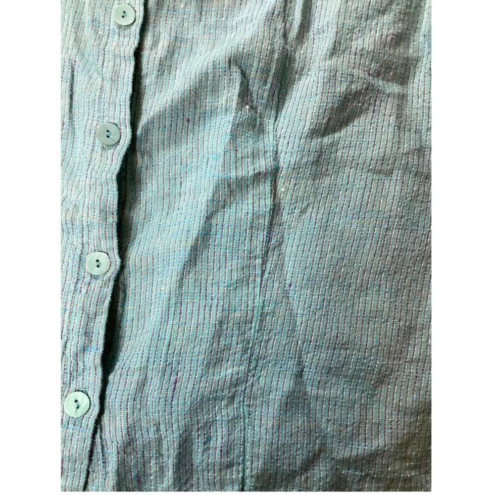 FLAX 100% Linen Turquoise Blue Stripe Short Sleeve Button Up Shirt L Minimalist - Picture 4 of 7
